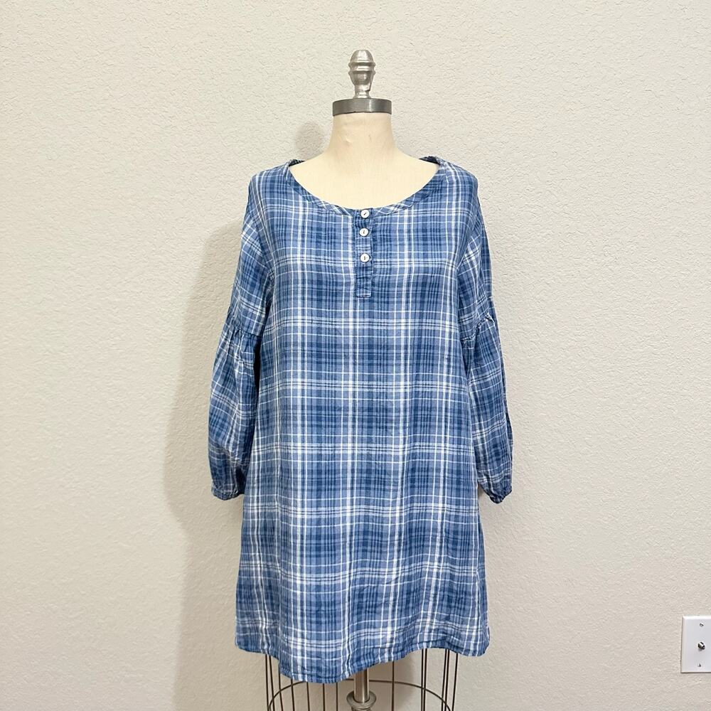 MATCH POINT Tunic Top Blue Plaid Popover Henley Preshrunk 90s Retro